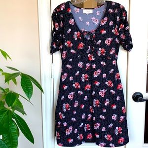 No Comment black polka dot floral ruched sleeve A-line dress, Medium